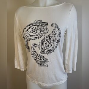 White House Black Market Bead Embellish Top Medium Paisley Stud  WHBM 3/4 Shirt